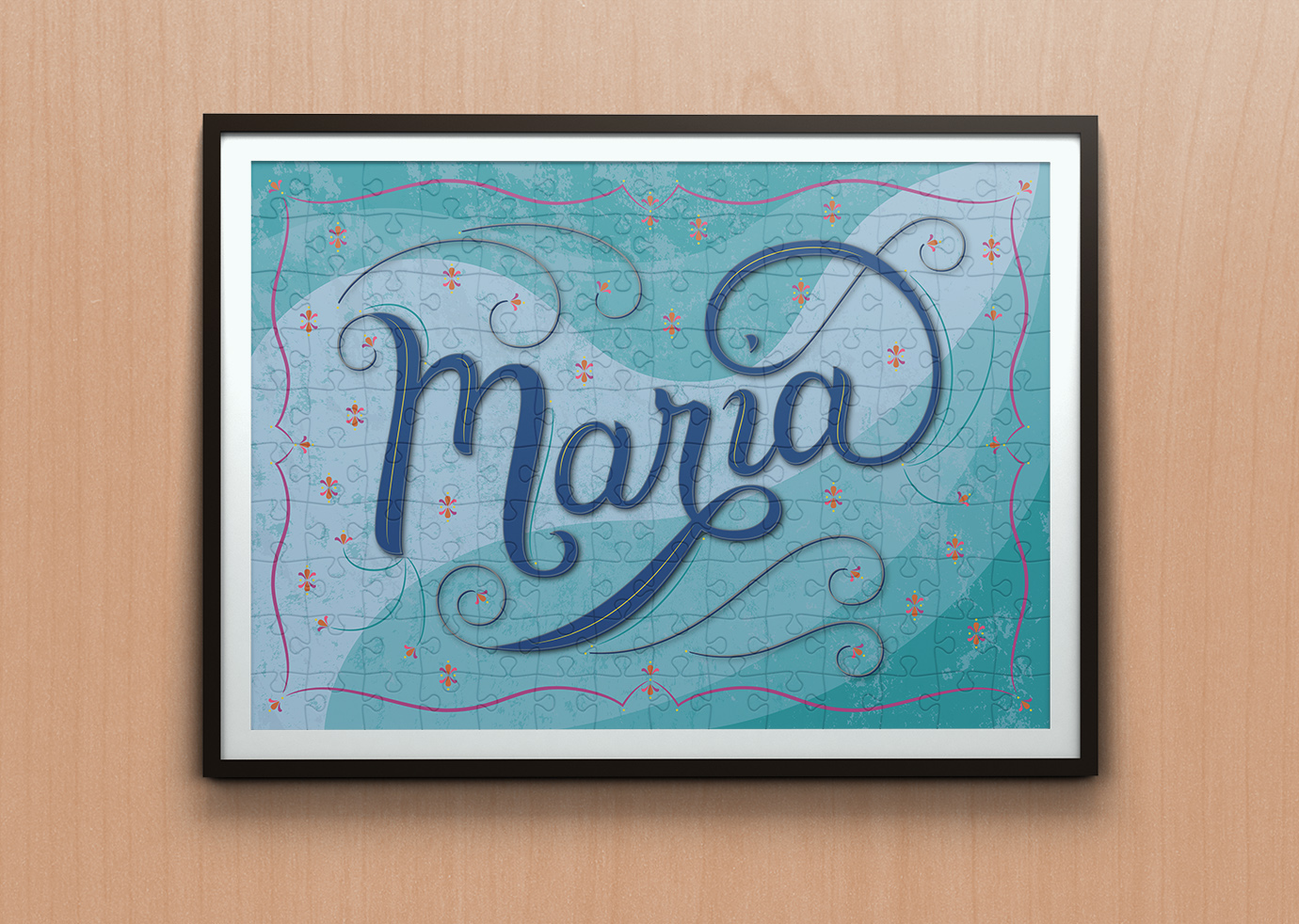 Puzzle mockup of lettering piece "Maria"