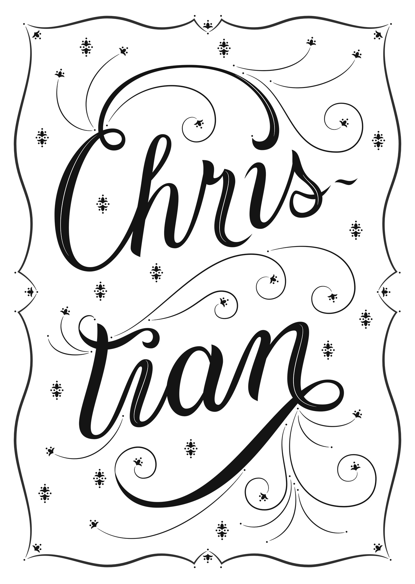 Lettering piece "Christian" in black and white