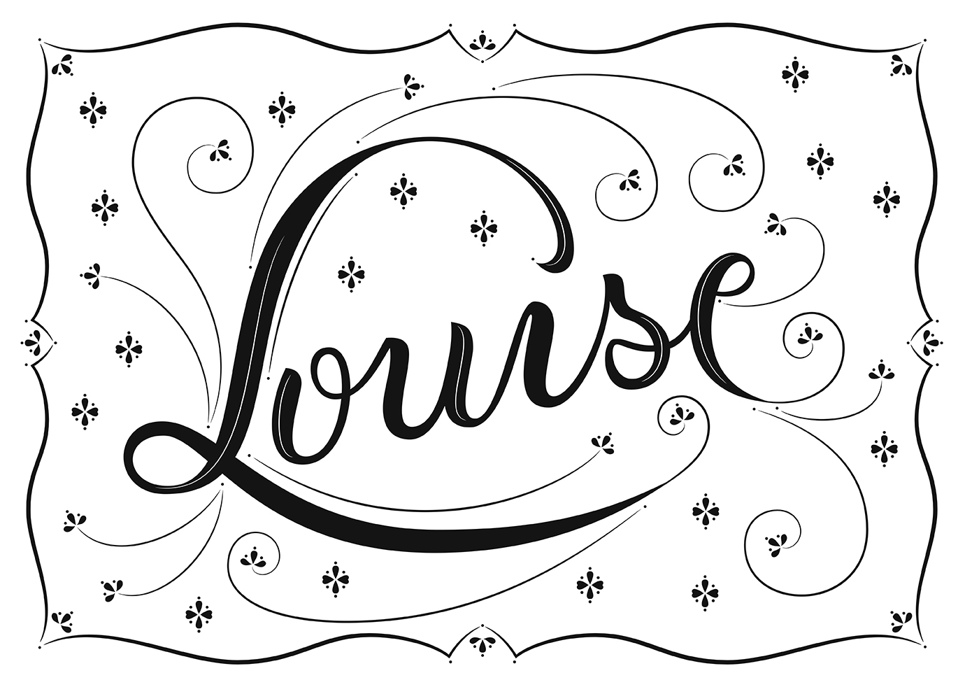 Lettering piece "Louise" in black and white