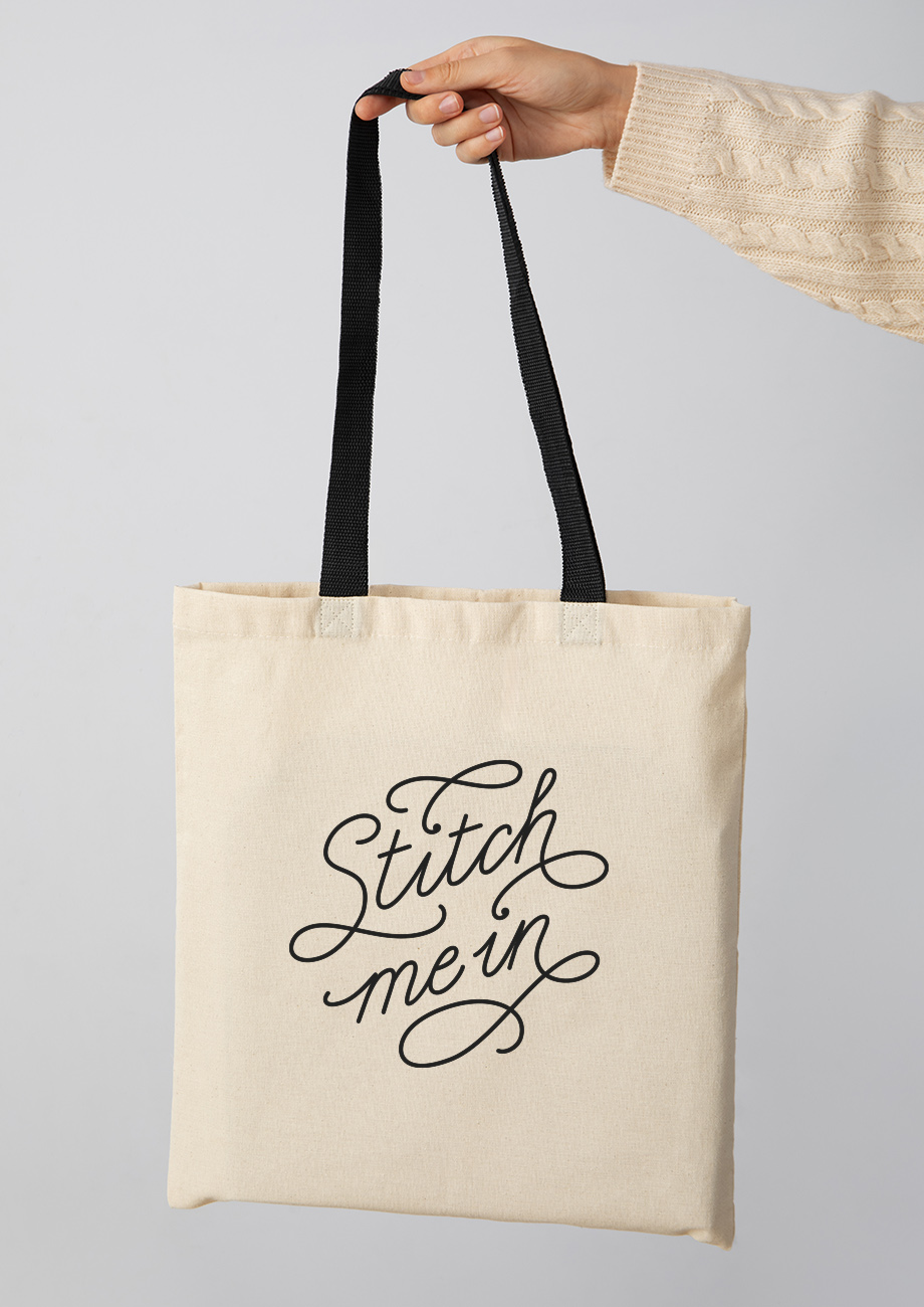 Stitch me in - lettering logo on canvas bag - mockup
