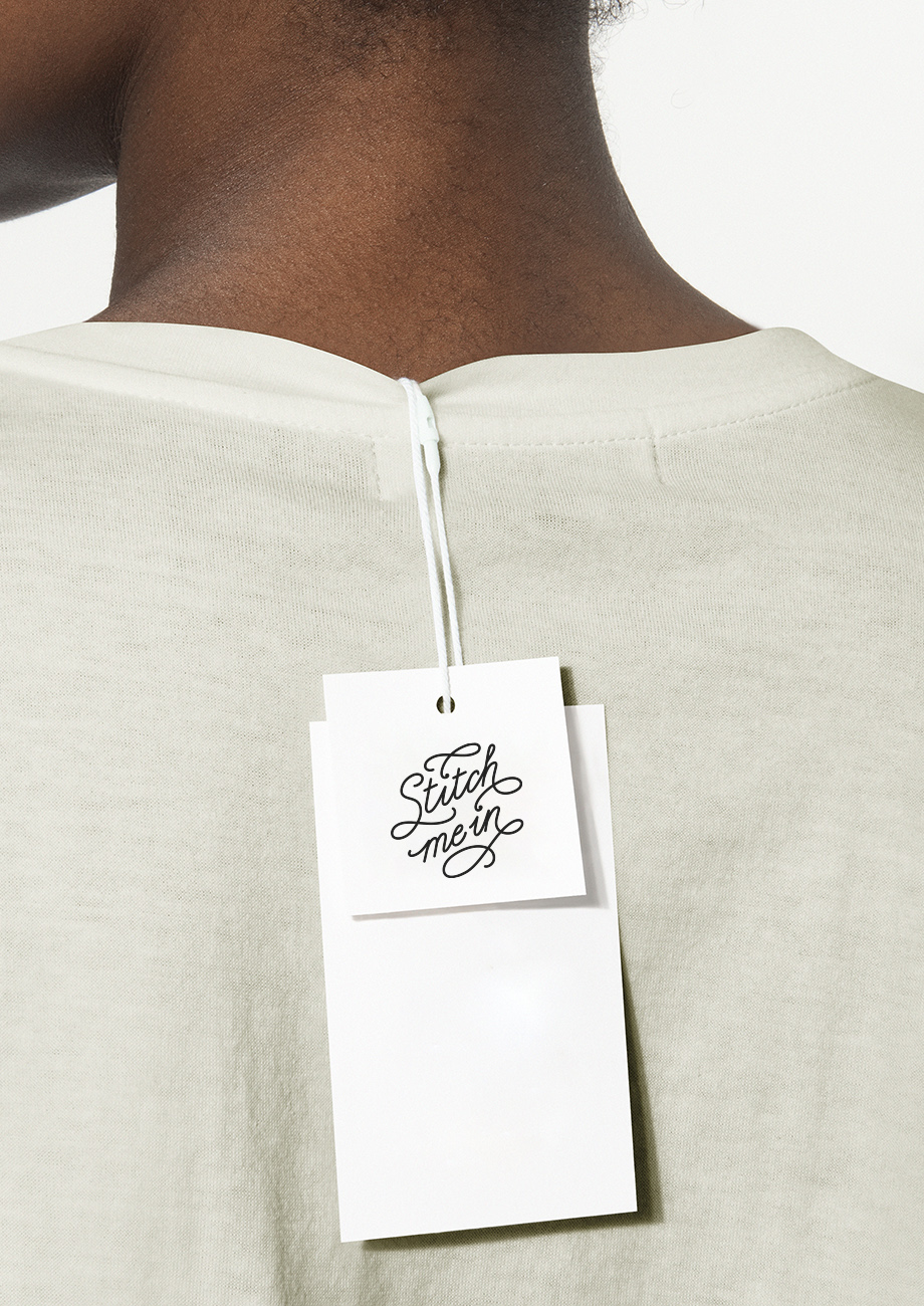 Stitch me in - lettering logo on T-shirt hangtag - mockup